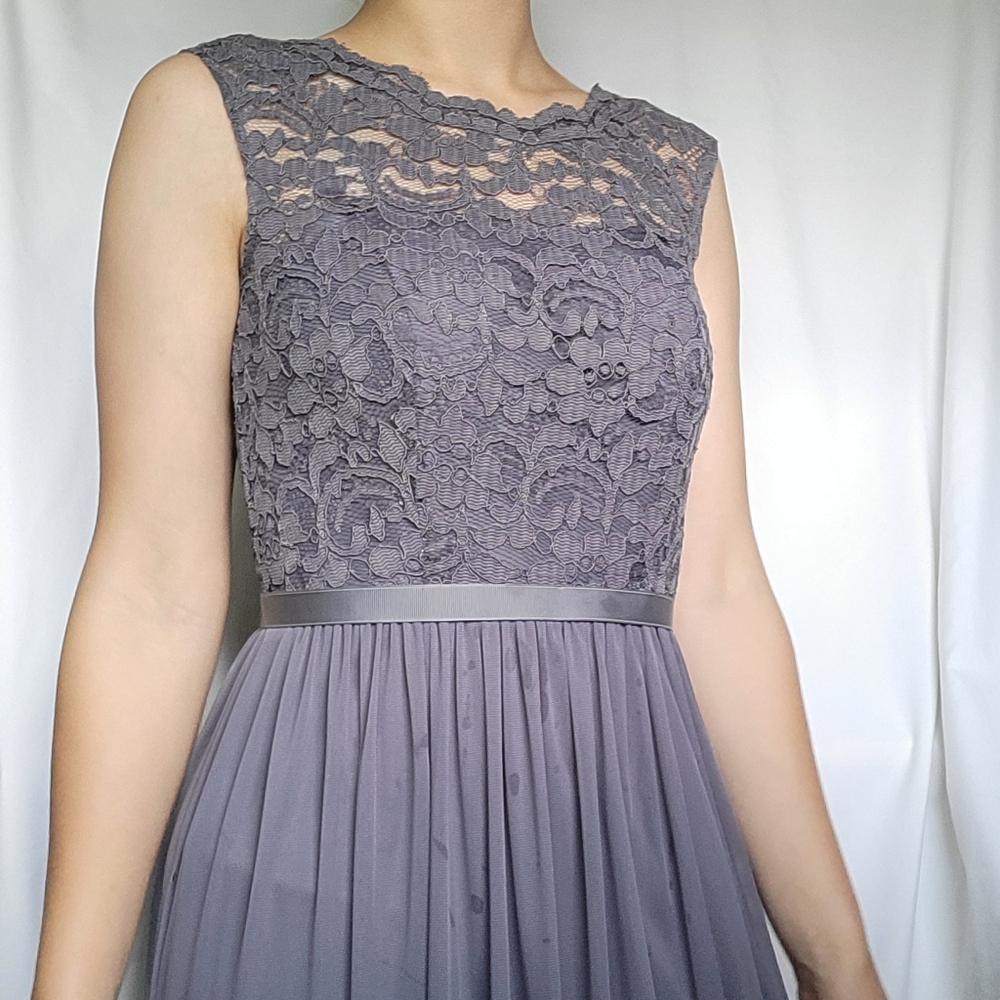 David's Bridal Gray Lace Top Chiffon Overlay Leg Slit Maxi Dress